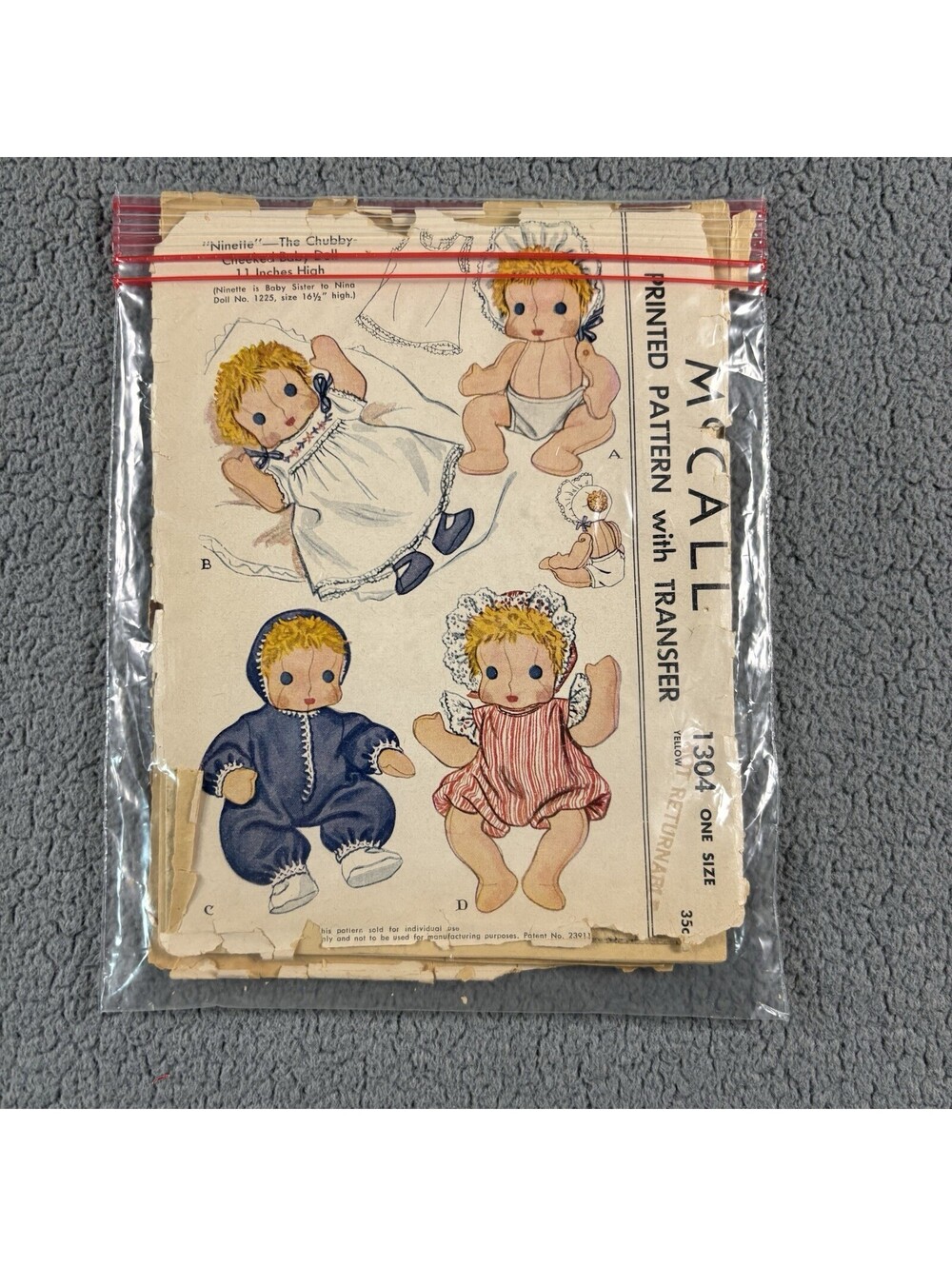 VTG 1946 McCall 1304 Ninette Chubby Baby Doll Cloth Rag Sewing Pattern 11" Cut